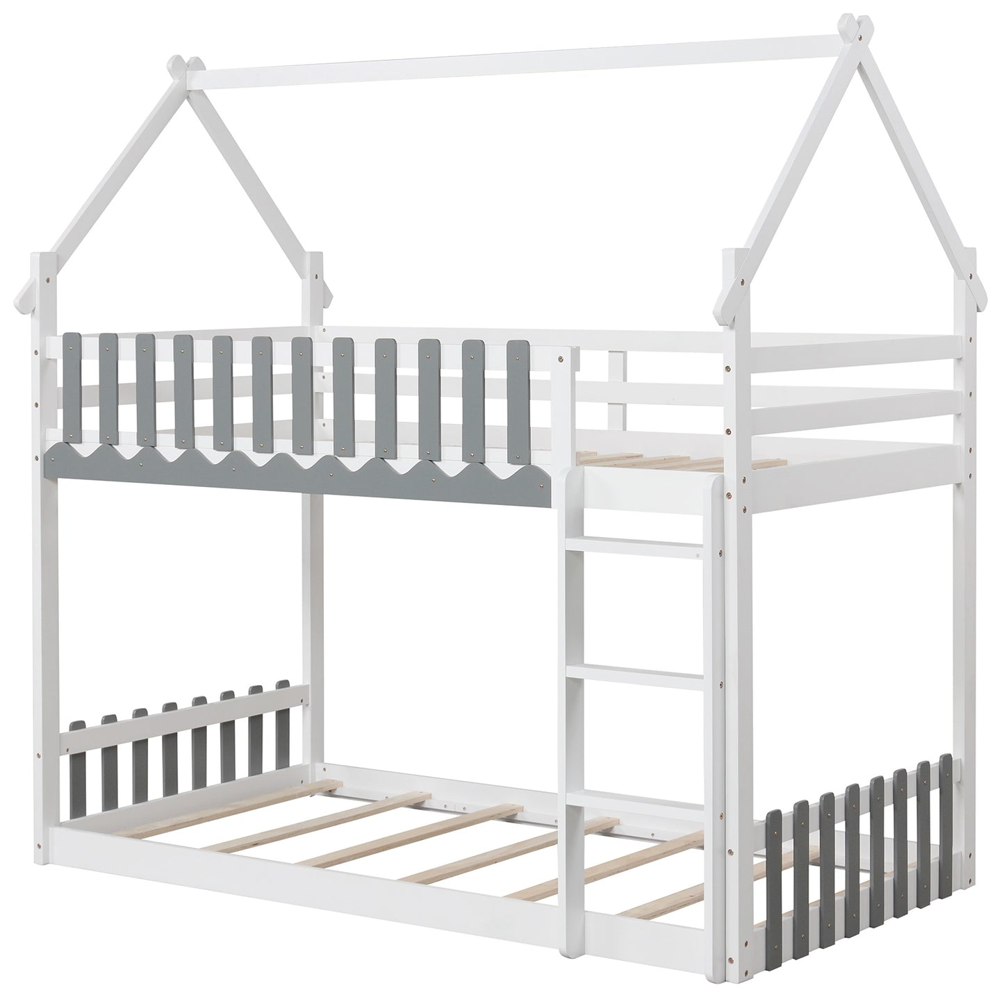 Twin Over Twin Bunk Bed with Fence and Ladder for Kids-White Kids Crystal
