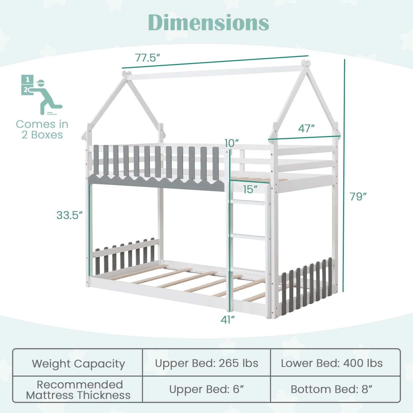 Twin Over Twin Bunk Bed with Fence and Ladder for Kids-White Kids Crystal
