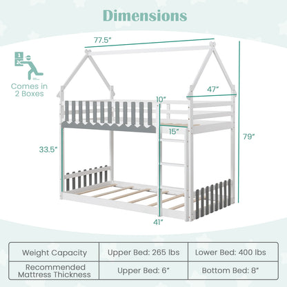 Twin Over Twin Bunk Bed with Fence and Ladder for Kids-White