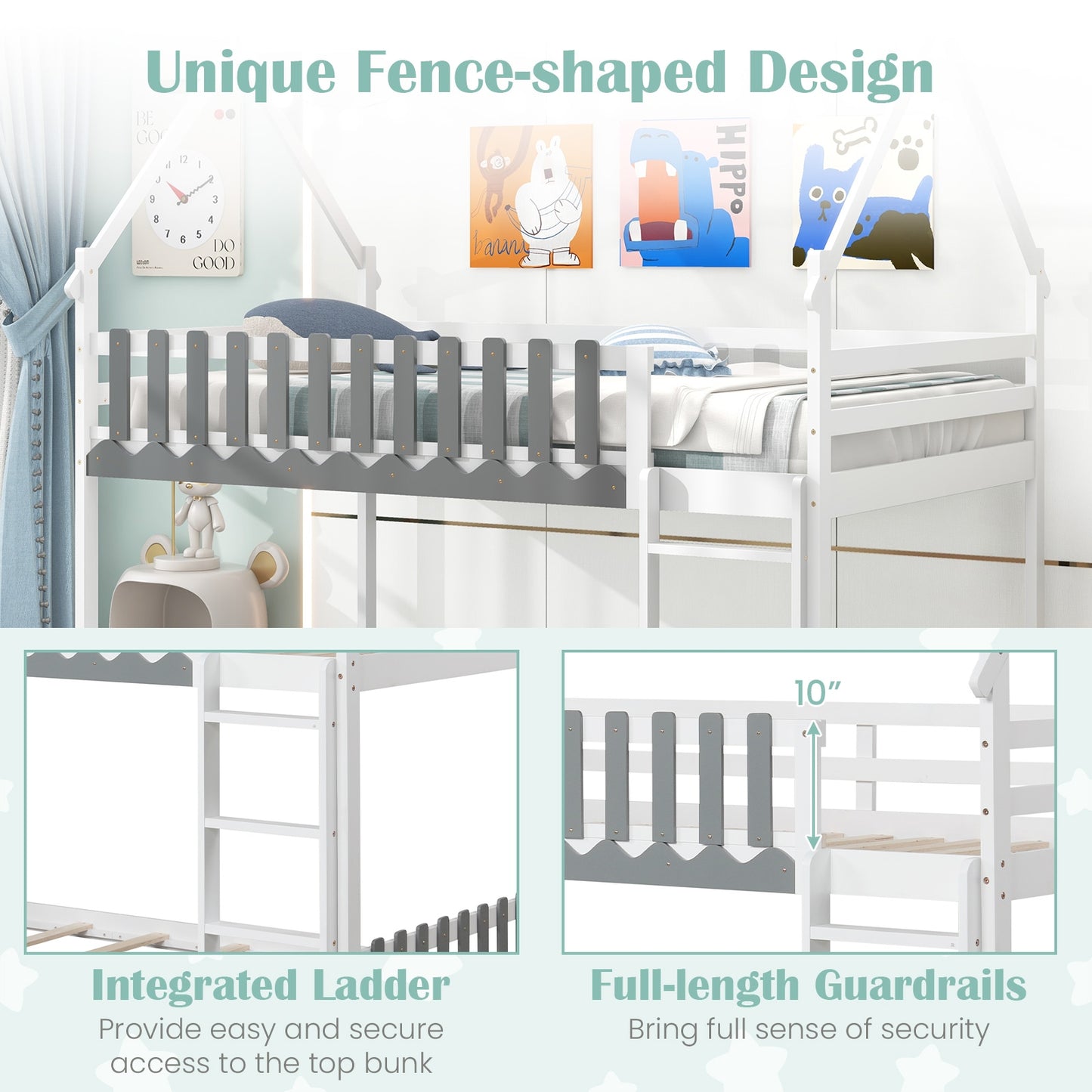 Twin Over Twin Bunk Bed with Fence and Ladder for Kids-White Kids Crystal