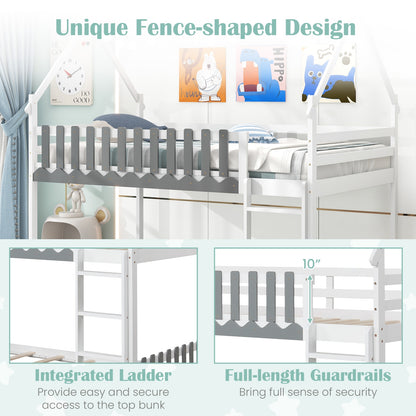 Twin Over Twin Bunk Bed with Fence and Ladder for Kids-White