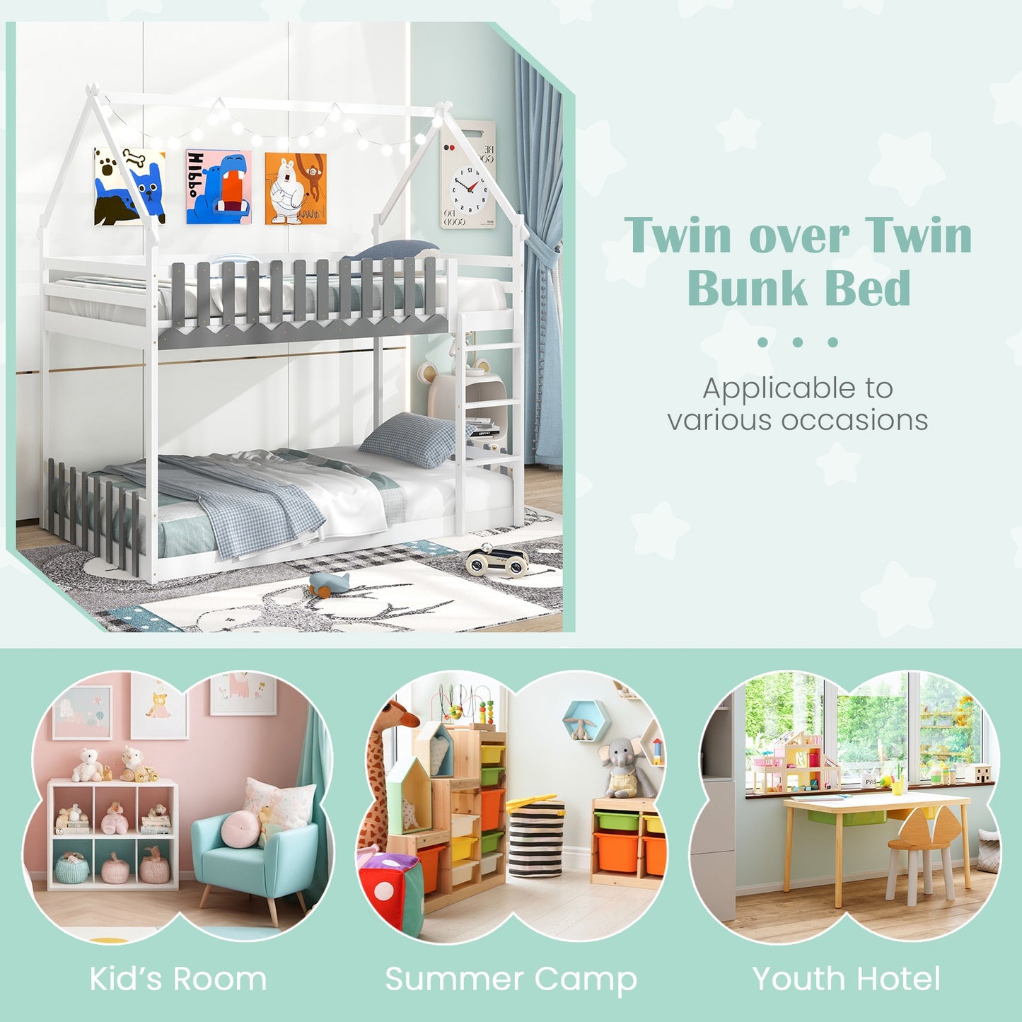 Twin Over Twin Bunk Bed with Fence and Ladder for Kids-White Kids Crystal