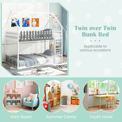 Twin Over Twin Bunk Bed with Fence and Ladder for Kids-White