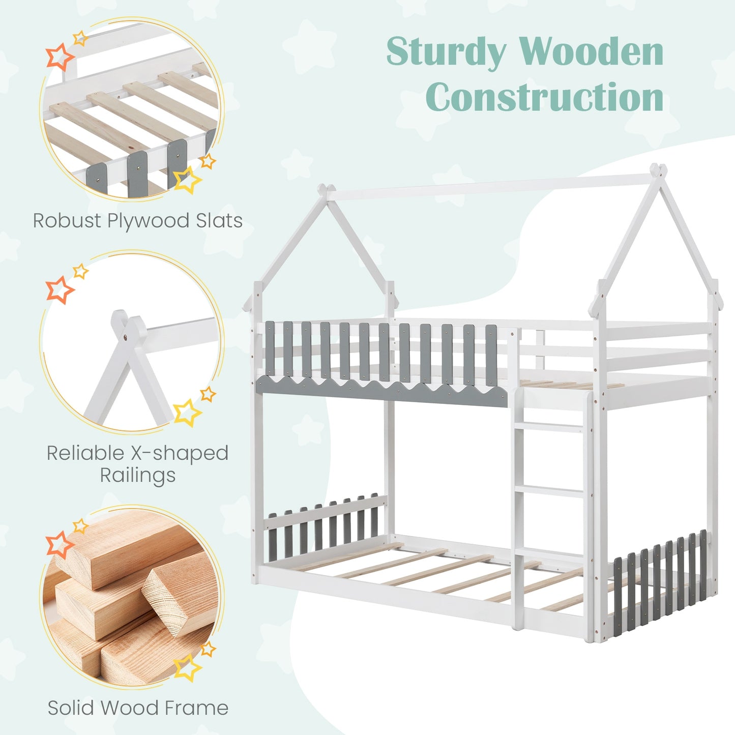 Twin Over Twin Bunk Bed with Fence and Ladder for Kids-White Kids Crystal