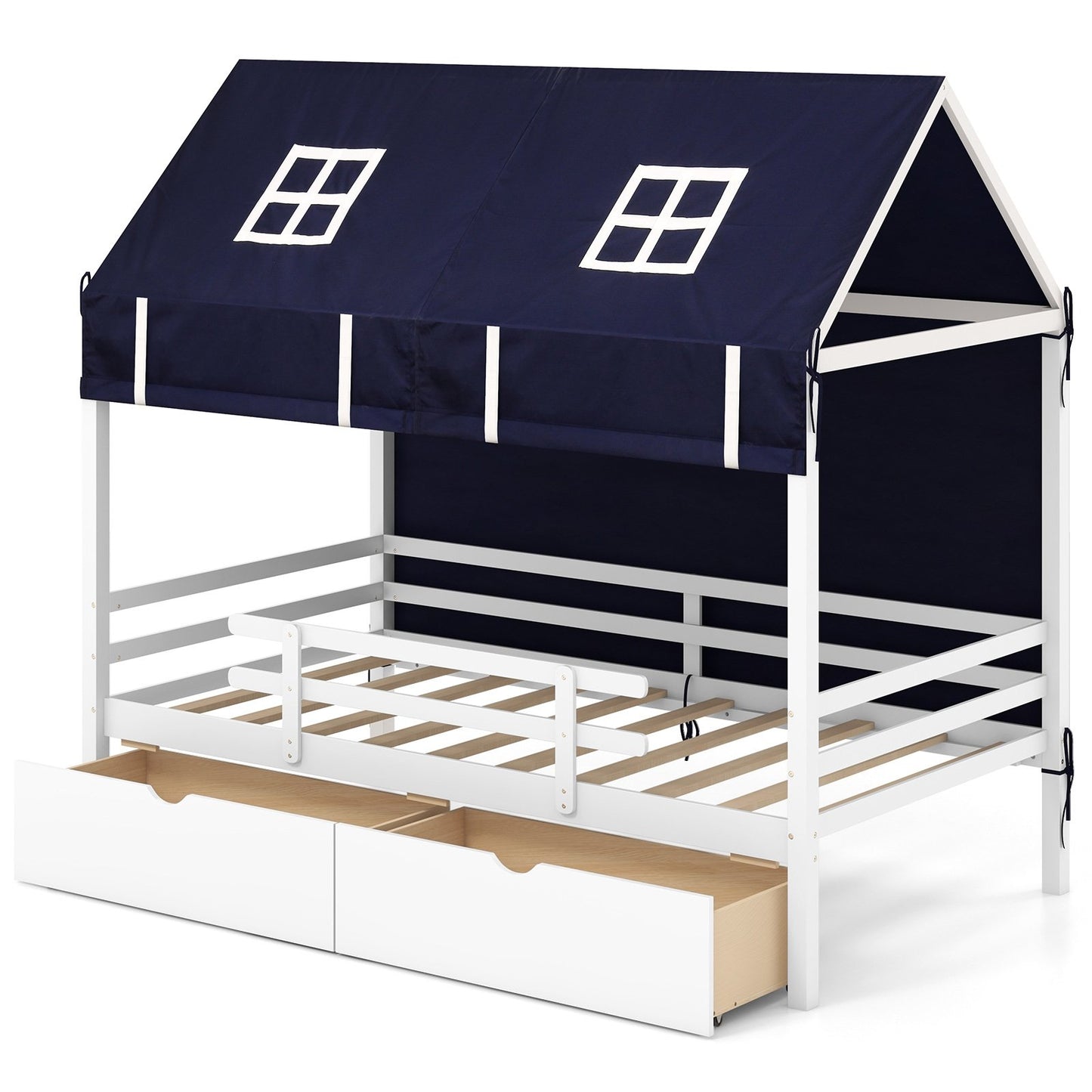 Twin House Bed with Tent and 2 Storage Drawers for Kids-White Kids Crystal