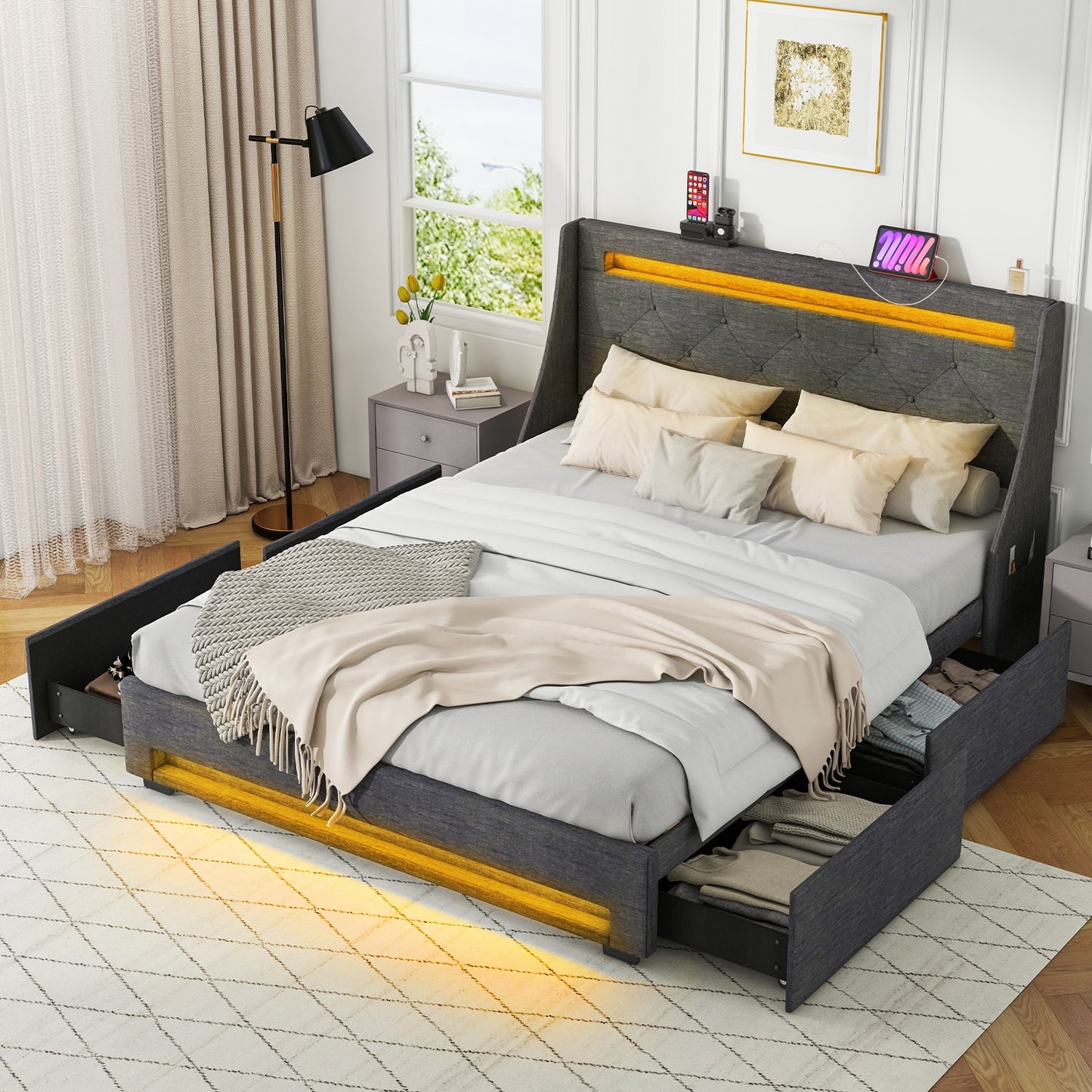 Full Size Bed Frame with LED Lights Wingback Headboard and Charging Station-Grey Kids Crystal