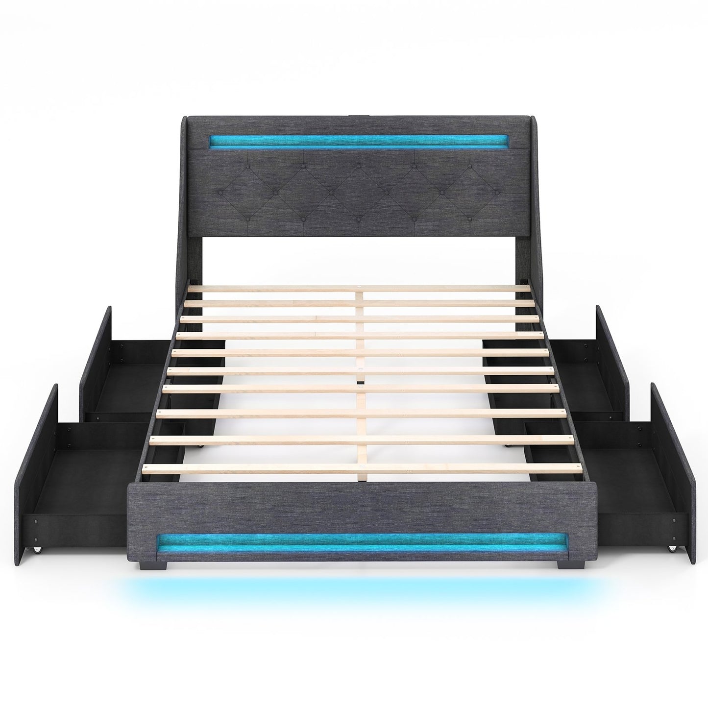 Full Size Bed Frame with LED Lights Wingback Headboard and Charging Station-Grey Kids Crystal