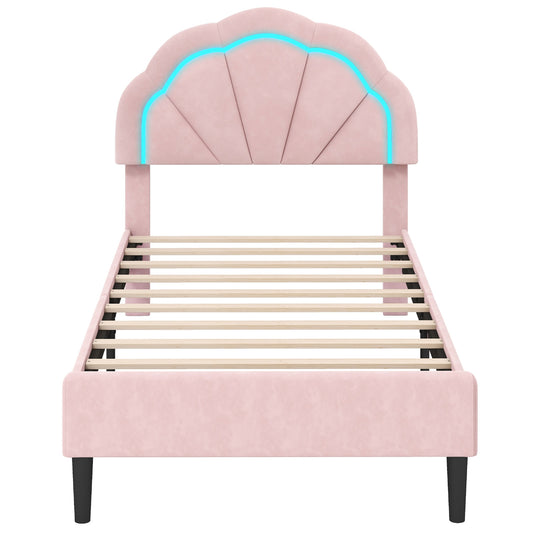 Upholstered LED Bed Frame with Adjustable Flower Headboard and Metal Support Feet Pink-Twin Size Kids Crystal