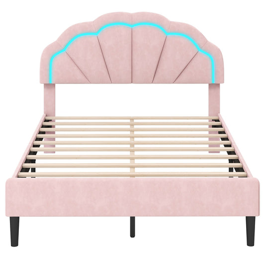 Upholstered LED Bed Frame with Adjustable Flower Headboard and Metal Support Feet Pink-Full Size Kids Crystal