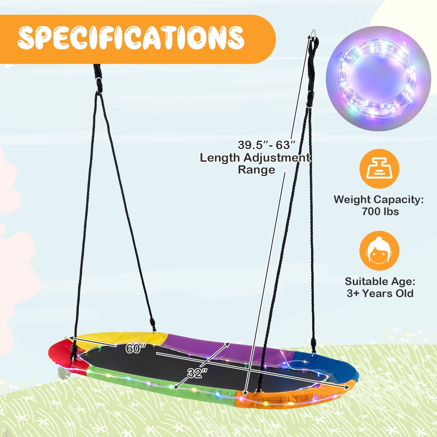 60 Inches Saucer Swing with LED Lights for Kids and Adults-Multicolor Kids Crystal