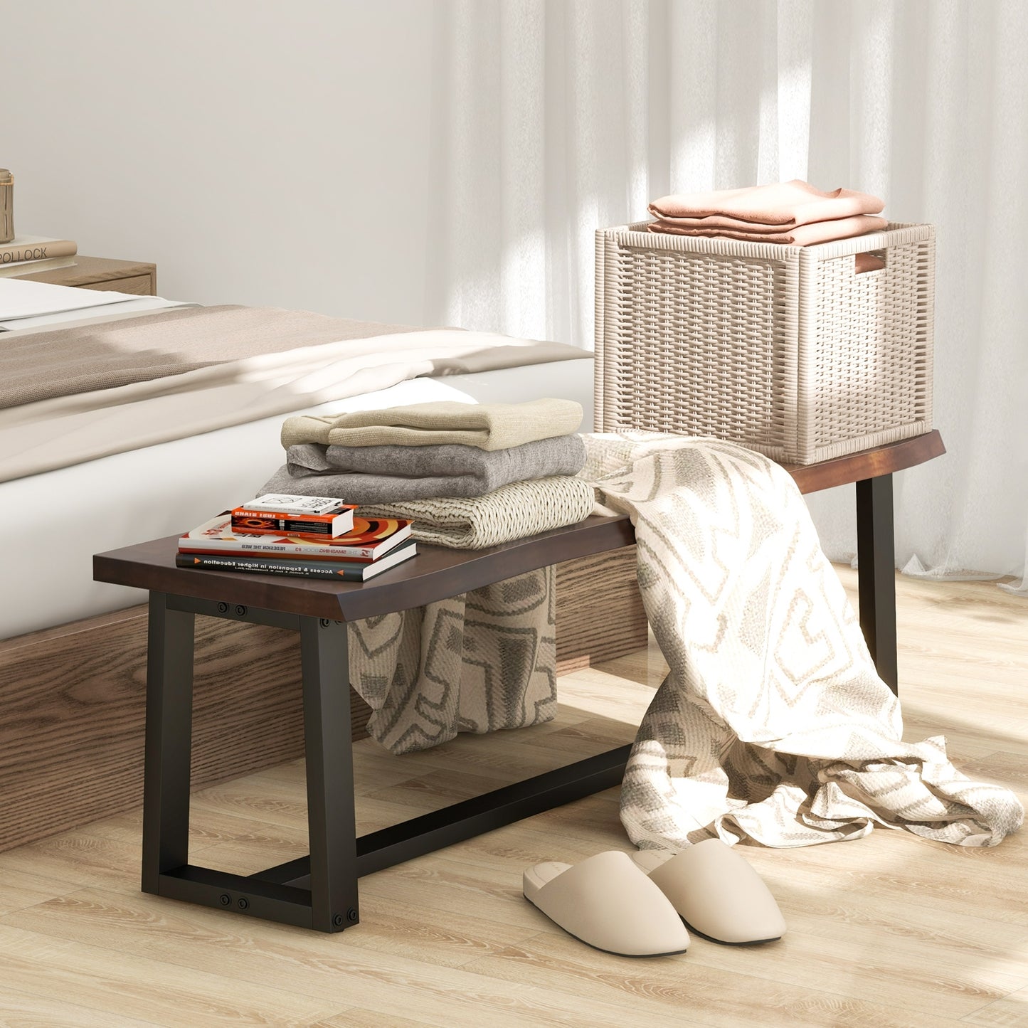 56.5 Inches Wood Dining Bench with Wavy Edge and Adjustable Footpads-Coffee Kids Crystal