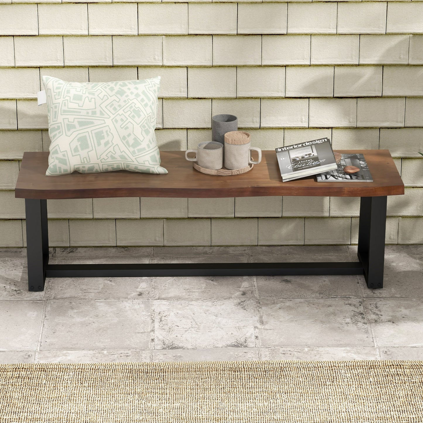 56.5 Inches Wood Dining Bench with Wavy Edge and Adjustable Footpads-Coffee Kids Crystal