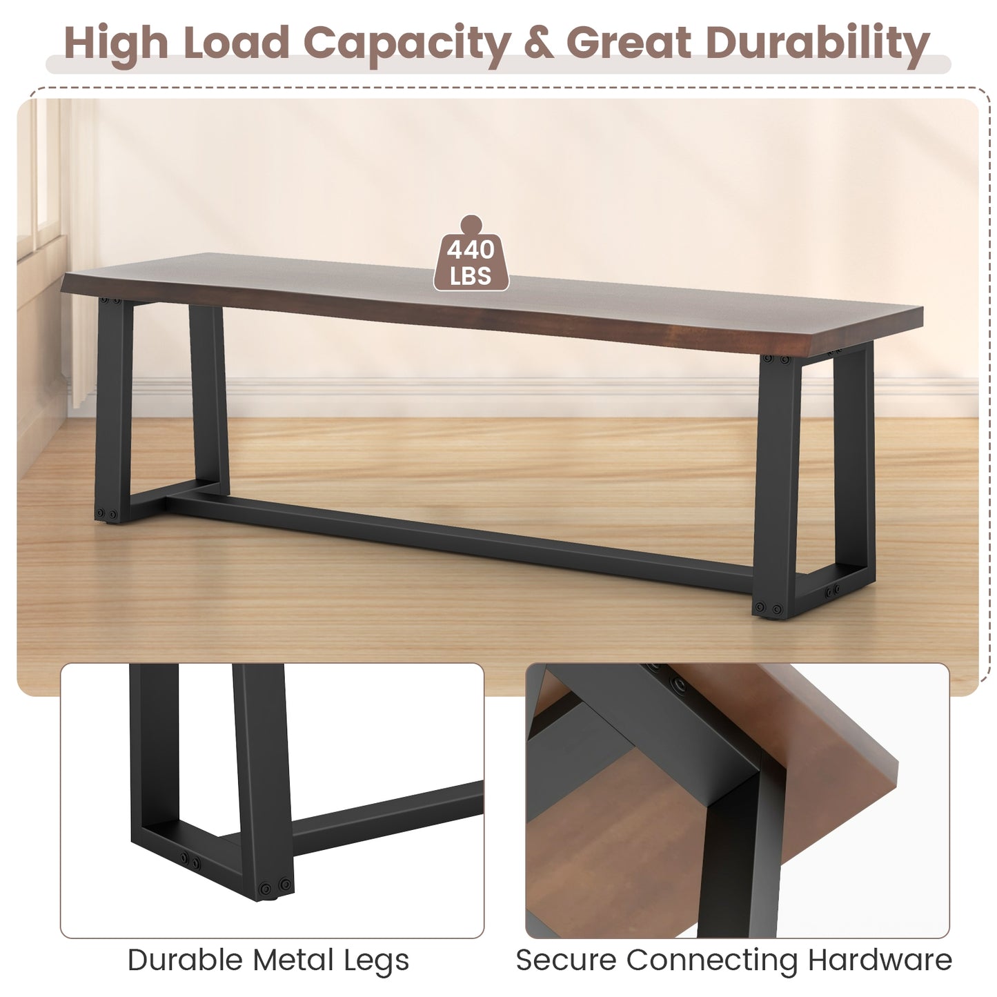 56.5 Inches Wood Dining Bench with Wavy Edge and Adjustable Footpads-Coffee Kids Crystal
