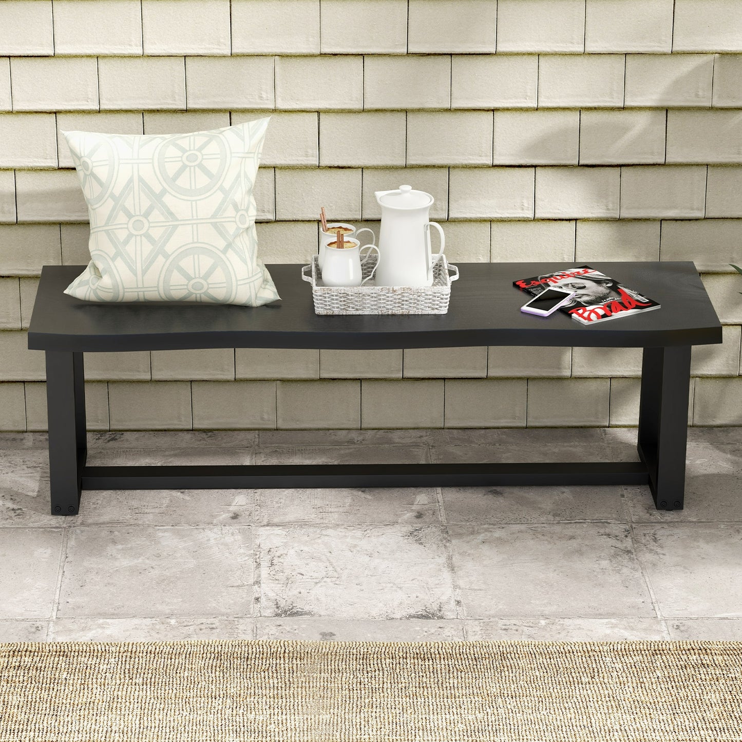56.5 Inches Wood Dining Bench with Wavy Edge and Adjustable Footpads-Black Kids Crystal