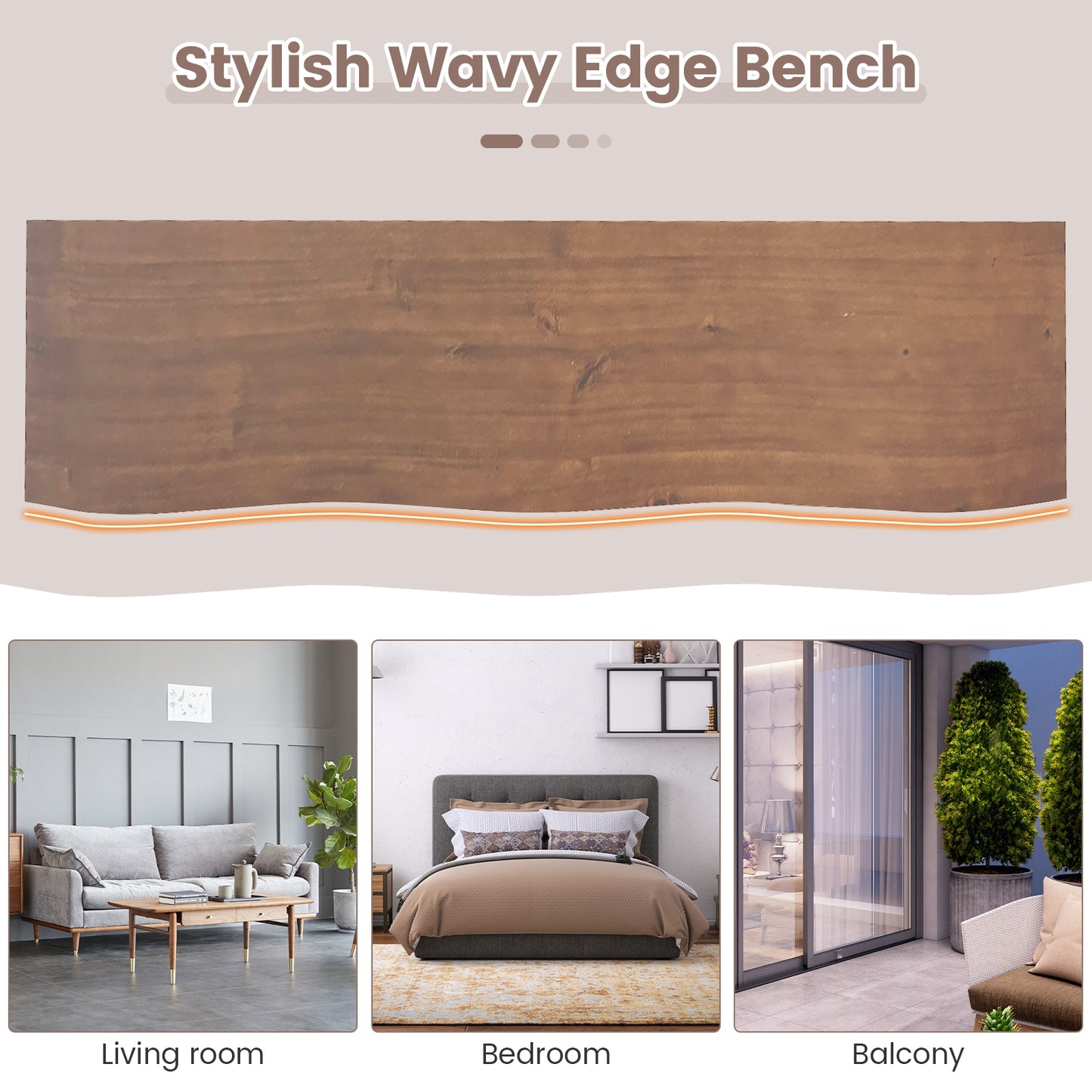 56.5 Inches Wood Dining Bench with Wavy Edge and Adjustable Footpads-Coffee Kids Crystal