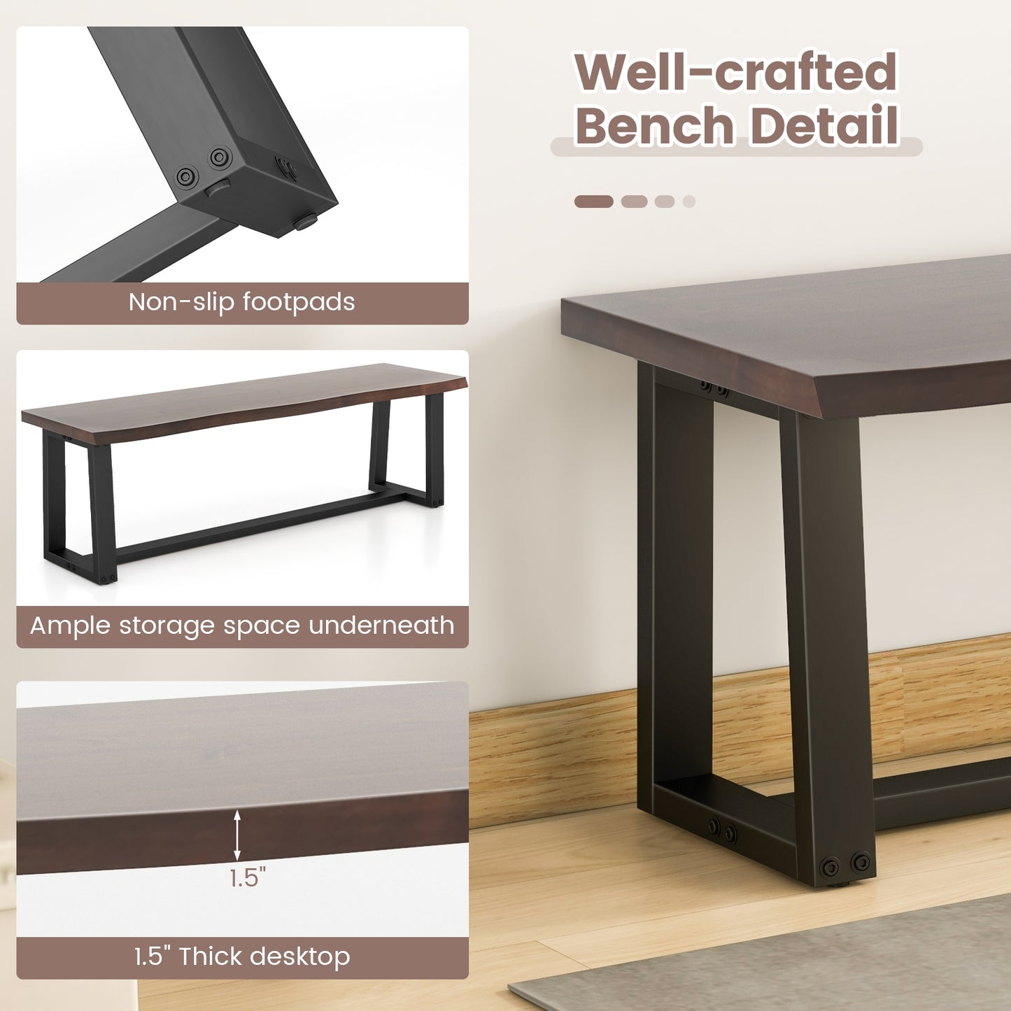 56.5 Inches Wood Dining Bench with Wavy Edge and Adjustable Footpads-Coffee Kids Crystal