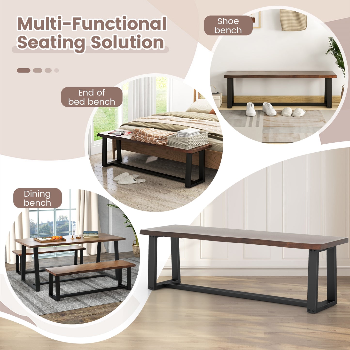 56.5 Inches Wood Dining Bench with Wavy Edge and Adjustable Footpads-Coffee Kids Crystal