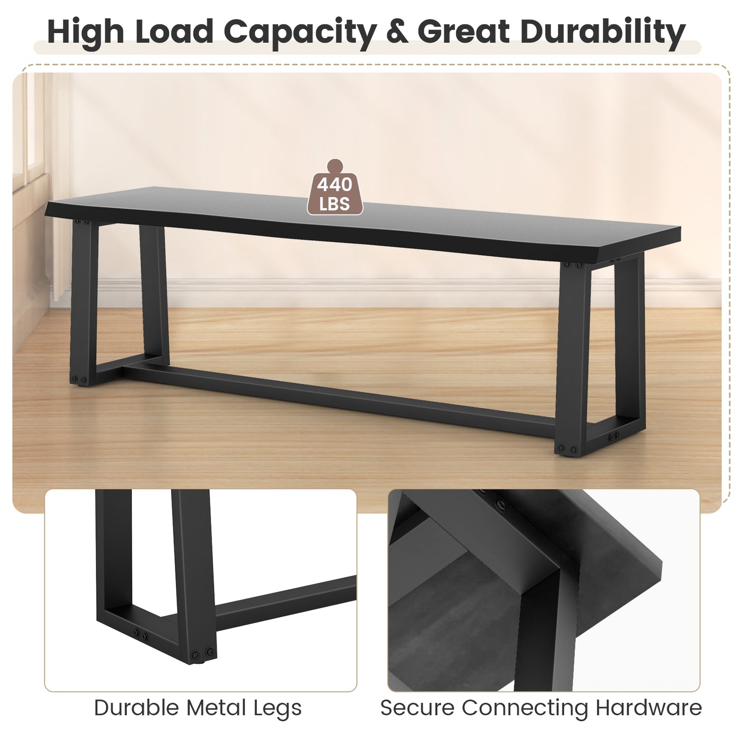 56.5 Inches Wood Dining Bench with Wavy Edge and Adjustable Footpads-Black Kids Crystal