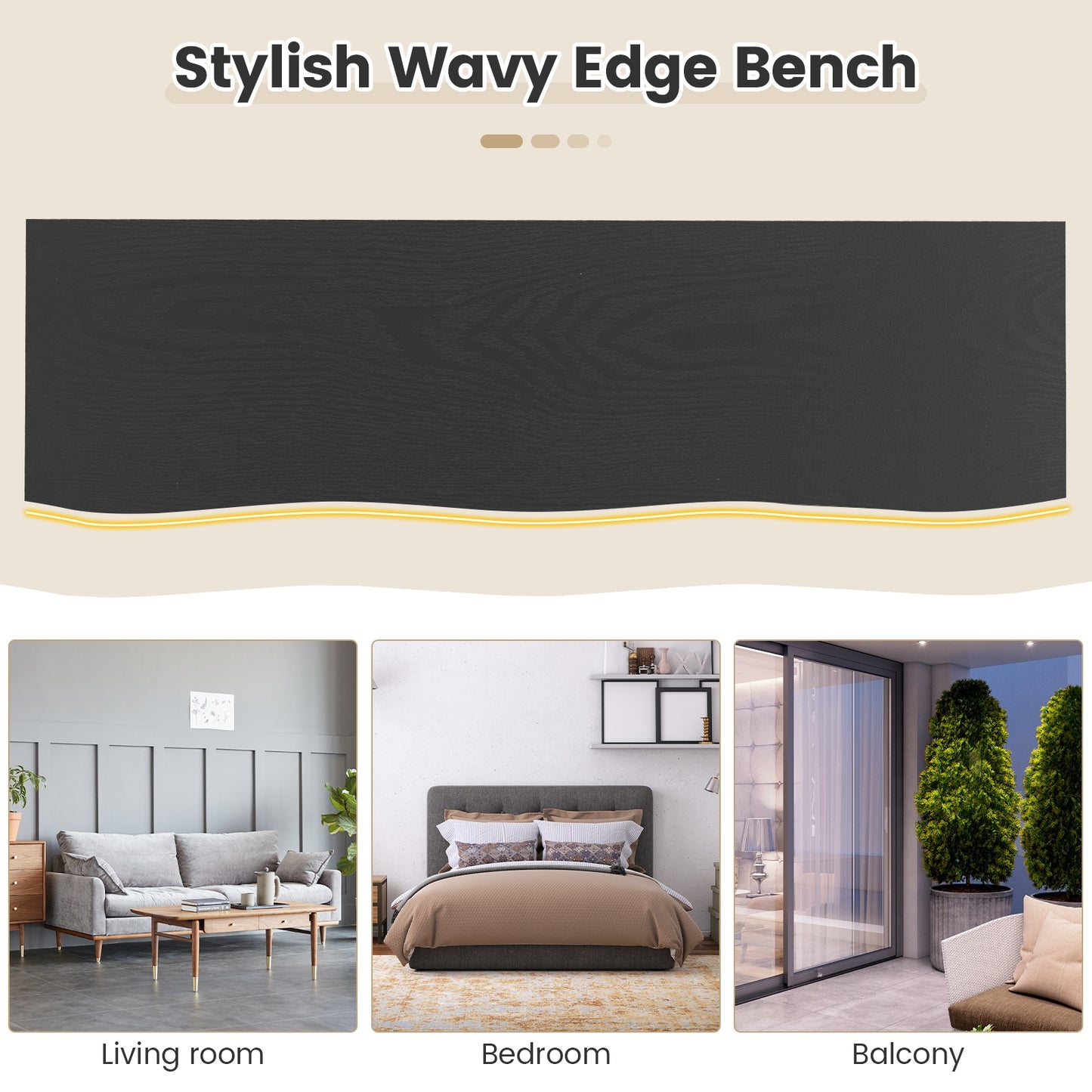 56.5 Inches Wood Dining Bench with Wavy Edge and Adjustable Footpads-Black Kids Crystal
