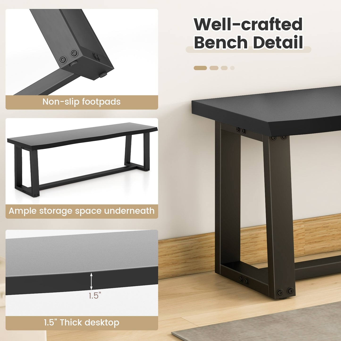56.5 Inches Wood Dining Bench with Wavy Edge and Adjustable Footpads-Black Kids Crystal
