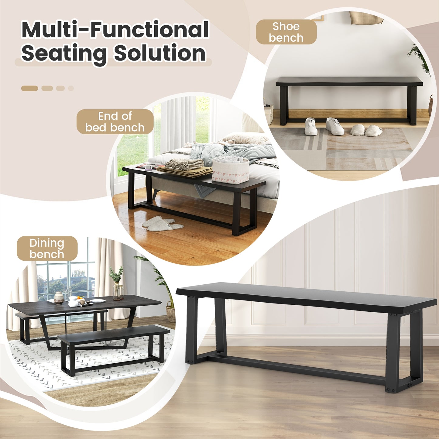 56.5 Inches Wood Dining Bench with Wavy Edge and Adjustable Footpads-Black Kids Crystal