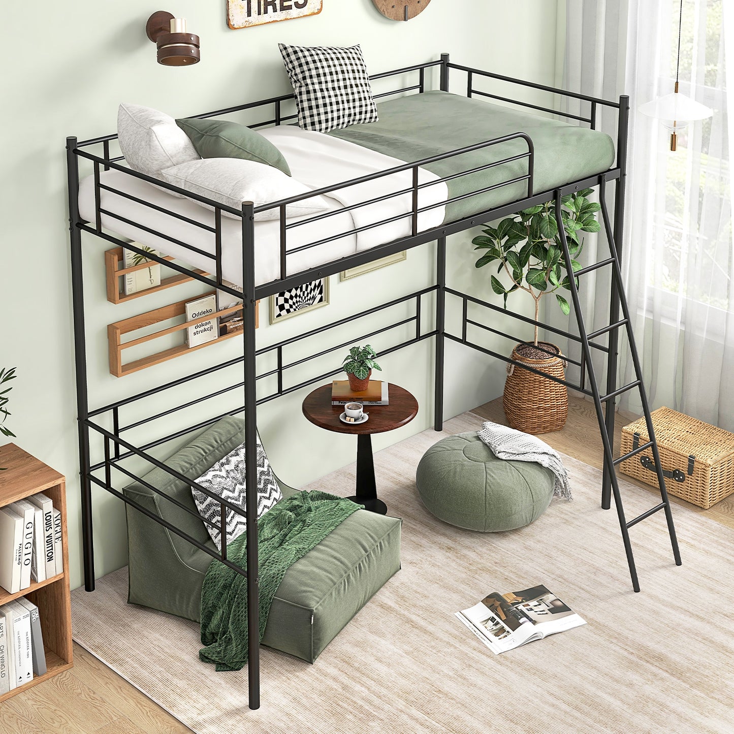 Twin Size Loft Bed Metal Bed Frame with Ladder and Guardrails-Black Kids Crystal