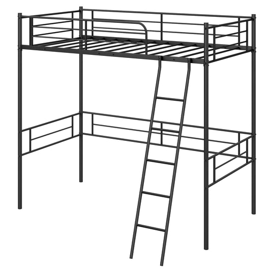 Twin Size Loft Bed Metal Bed Frame with Ladder and Guardrails-Black Kids Crystal