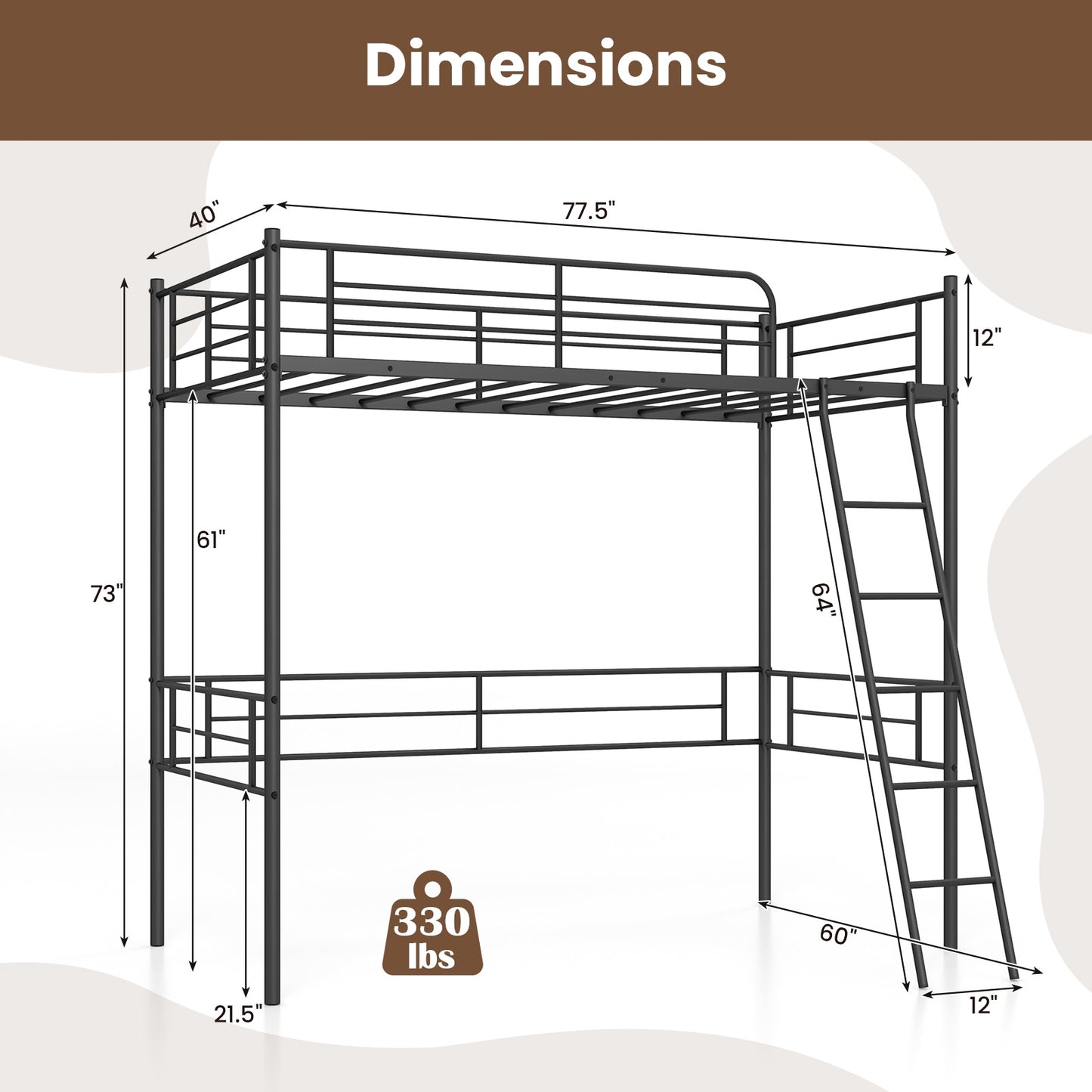 Twin Size Loft Bed Metal Bed Frame with Ladder and Guardrails-Black Kids Crystal