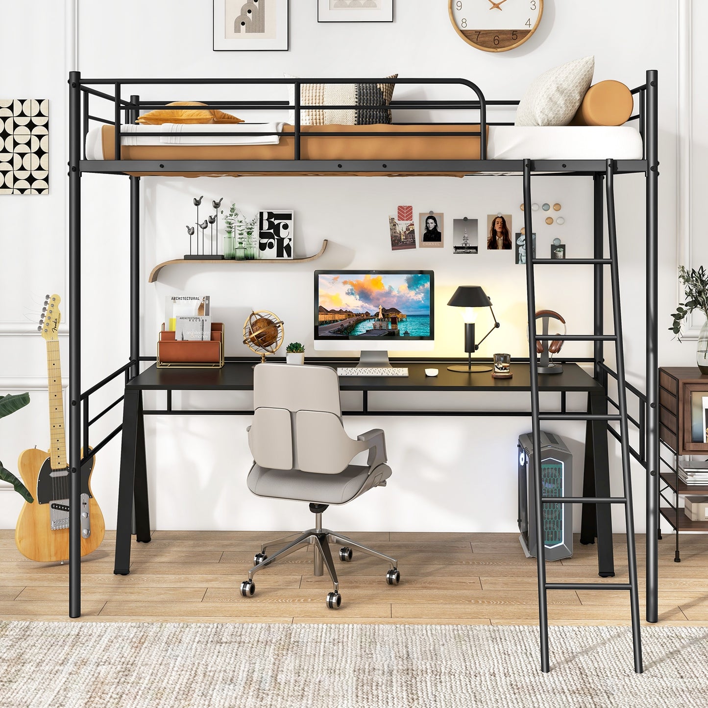 Twin Size Loft Bed Metal Bed Frame with Ladder and Guardrails-Black Kids Crystal