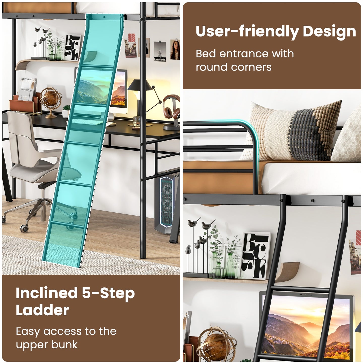 Twin Size Loft Bed Metal Bed Frame with Ladder and Guardrails-Black Kids Crystal