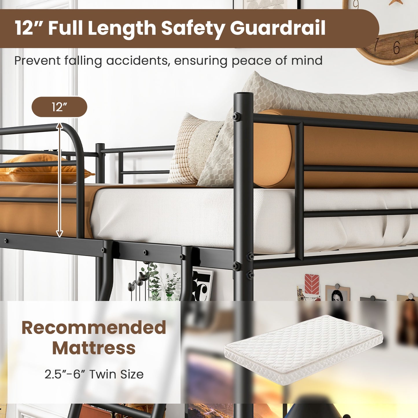 Twin Size Loft Bed Metal Bed Frame with Ladder and Guardrails-Black Kids Crystal