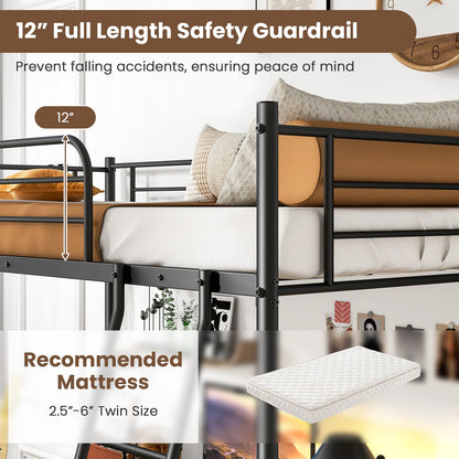 Twin Size Loft Bed Metal Bed Frame with Ladder and Guardrails-Black