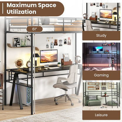 Twin Size Loft Bed Metal Bed Frame with Ladder and Guardrails-Black