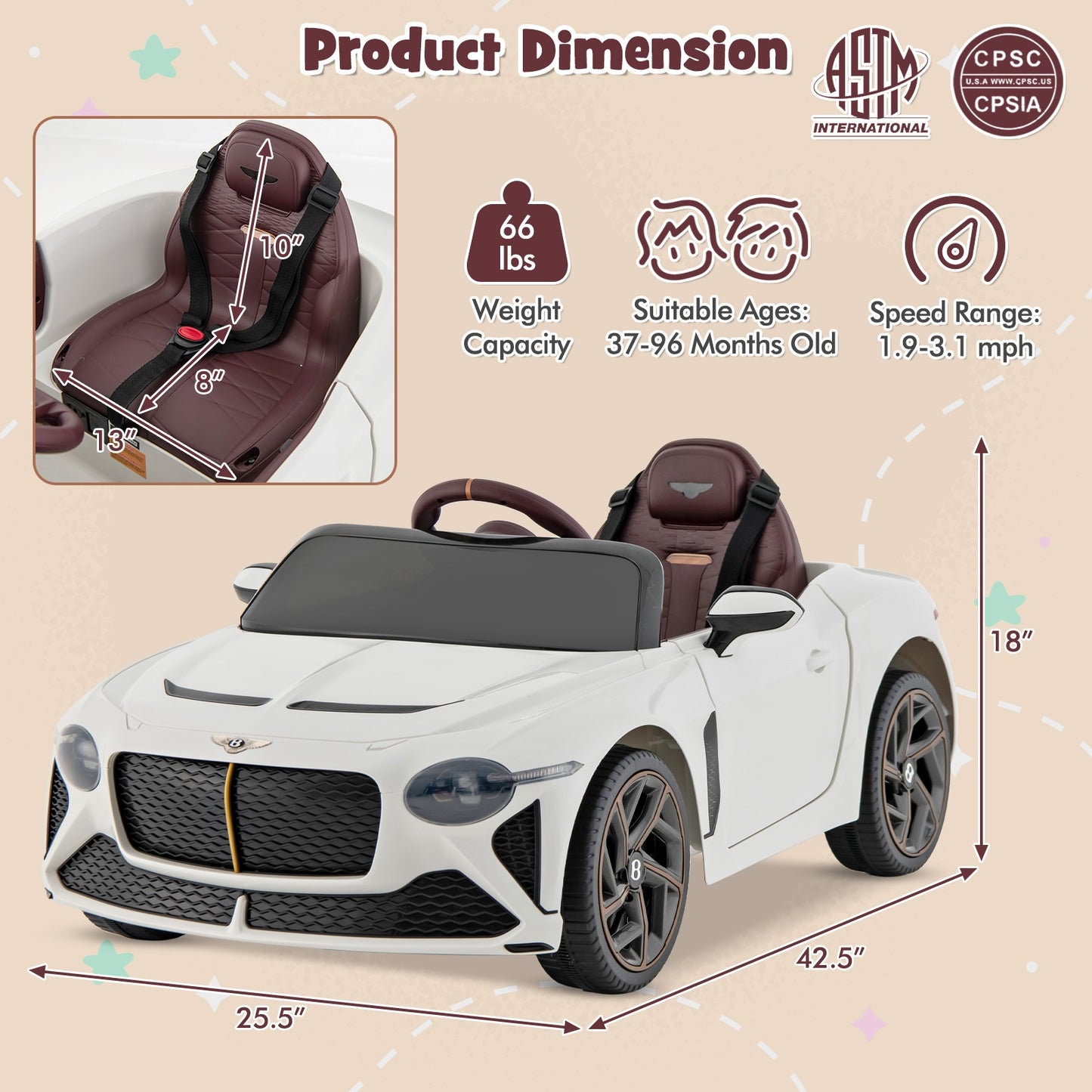 12V Powered Car Kids Ride-on Racer Car Licensed Bentley Bacalar-White