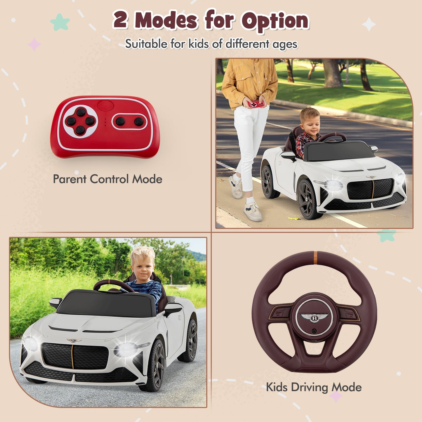 12V Powered Car Kids Ride-on Racer Car Licensed Bentley Bacalar-White