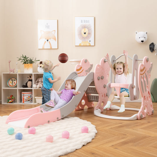 4-in-1 Kids Slide and Swing Set with Basketball Hoop-Pink Kids Crystal