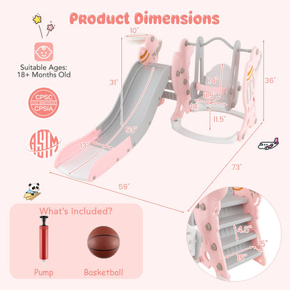 4-in-1 Kids Slide and Swing Set with Basketball Hoop-Pink