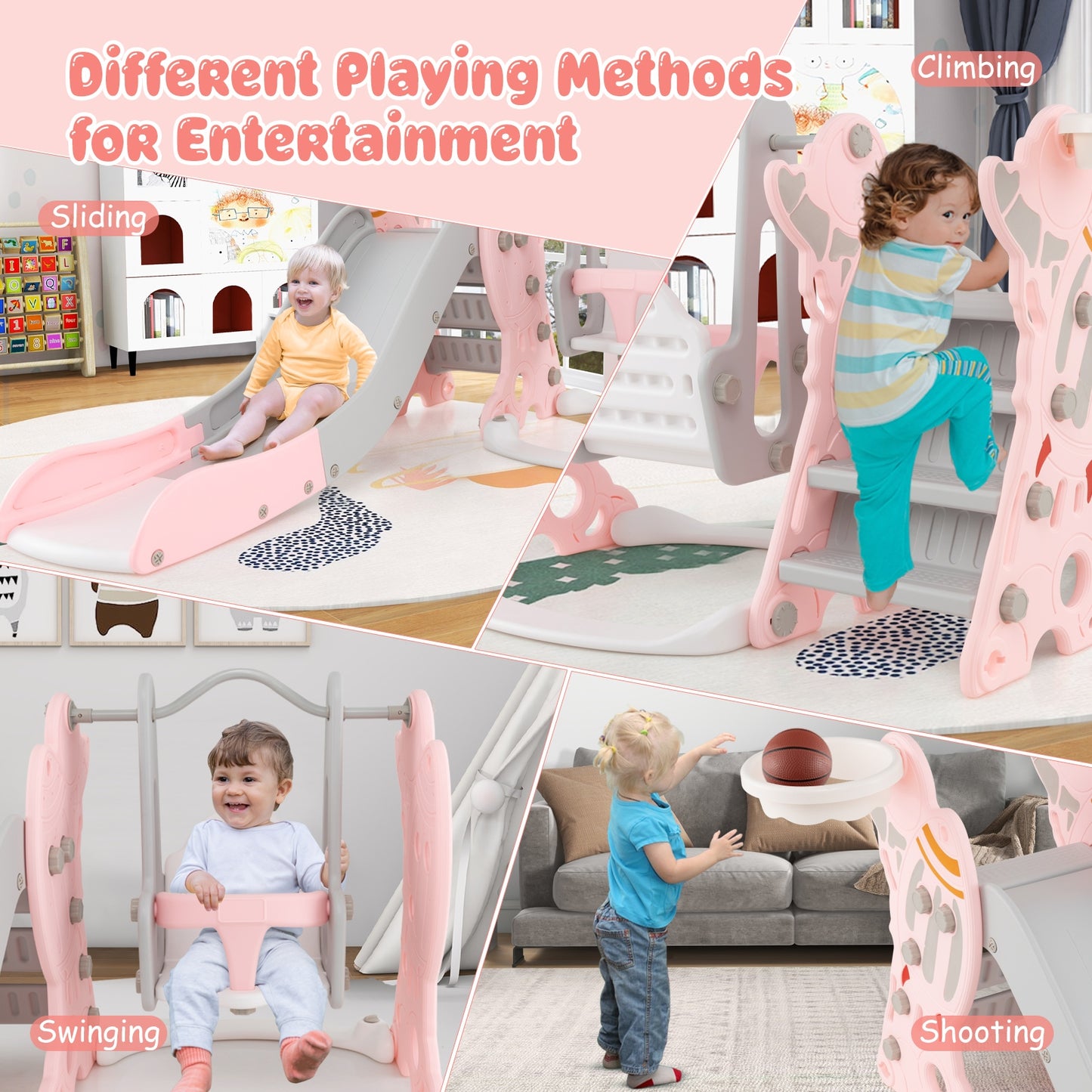 4-in-1 Kids Slide and Swing Set with Basketball Hoop-Pink Kids Crystal
