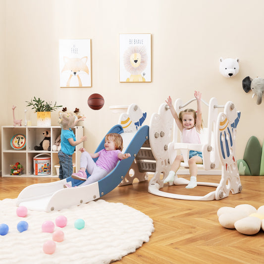 4-in-1 Kids Slide and Swing Set with Basketball Hoop-Blue Kids Crystal