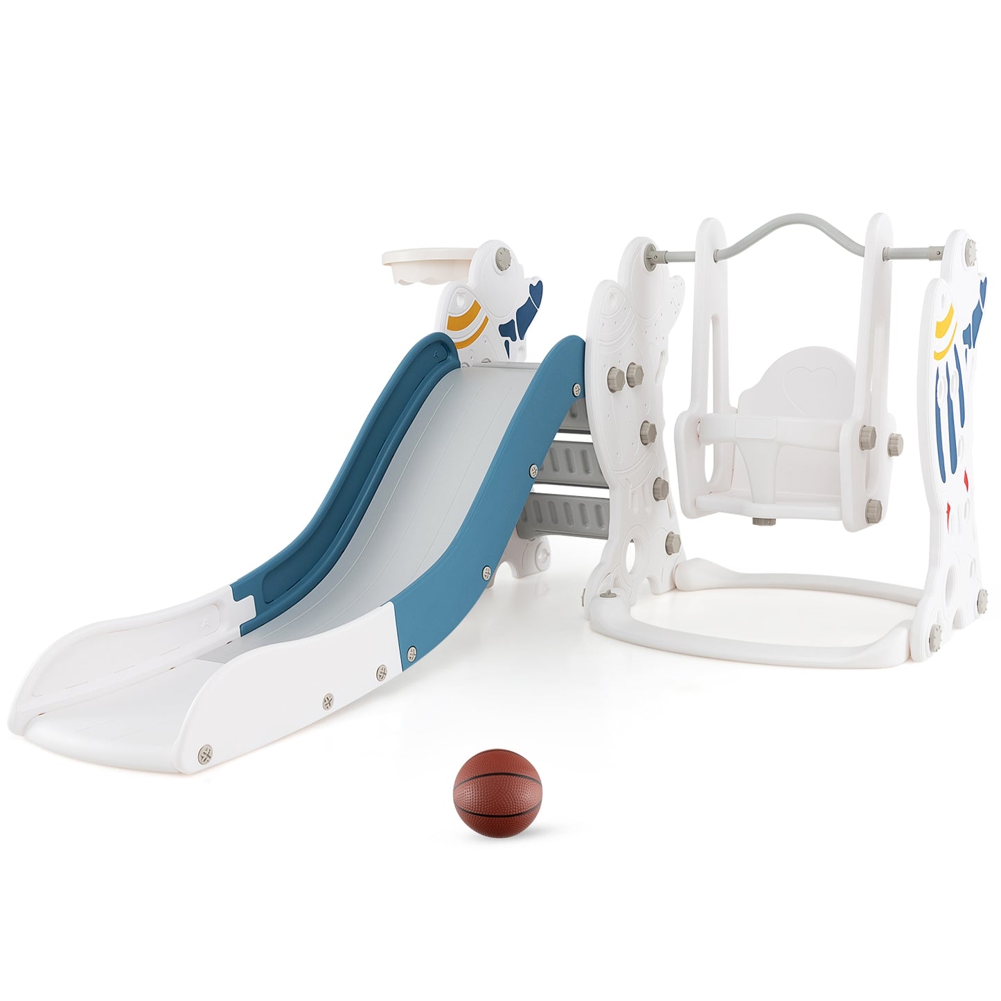 4-in-1 Kids Slide and Swing Set with Basketball Hoop-Blue Kids Crystal