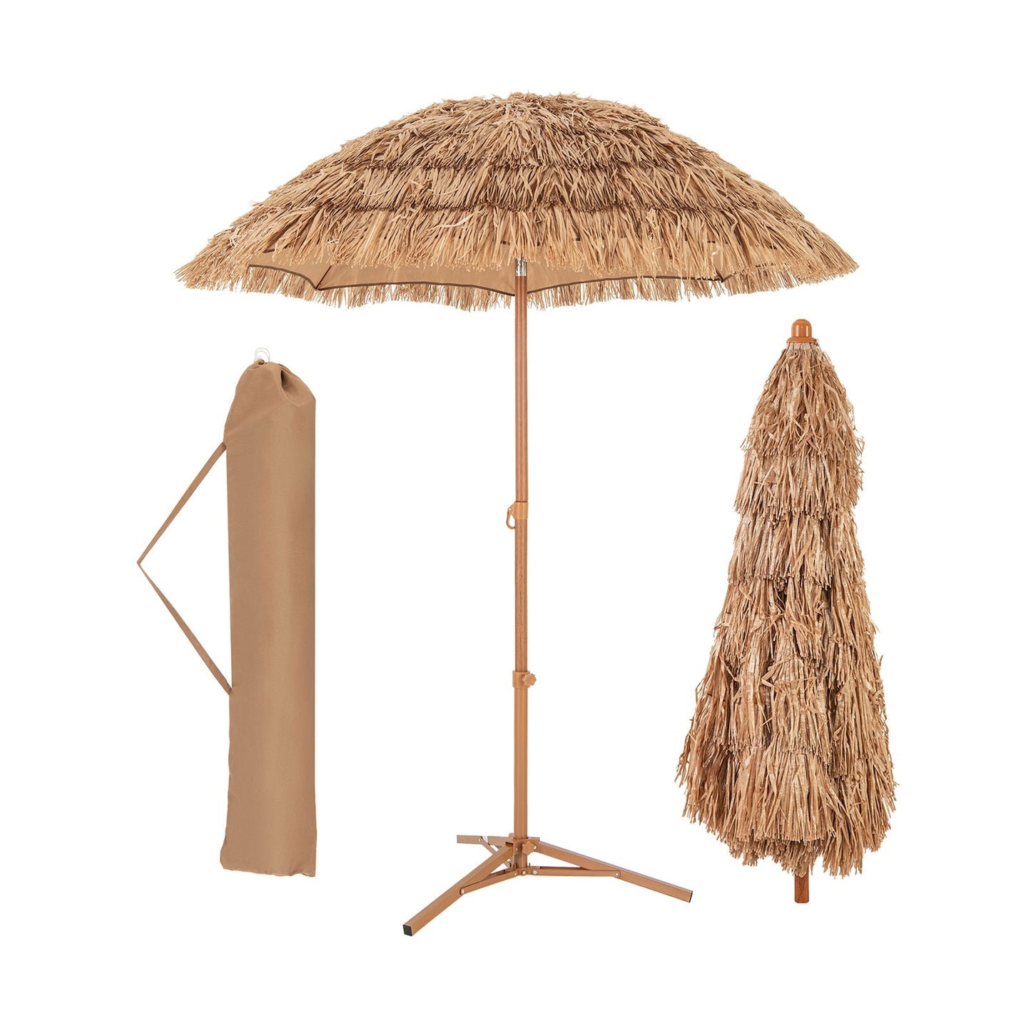 6.5 Feet Thatched Tiki Umbrella with Foldable Stand Push Button Tilt-Natural Kids Crystal