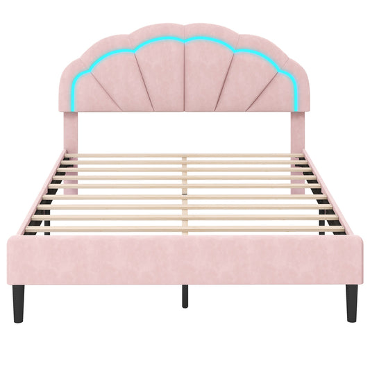 Upholstered LED Bed Frame with Adjustable Flower Headboard and Metal Support Feet Pink-Queen Size Kids Crystal