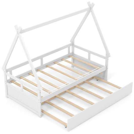 Twin Size House Bed with Trundle and Safety Guardrail-White Kids Crystal