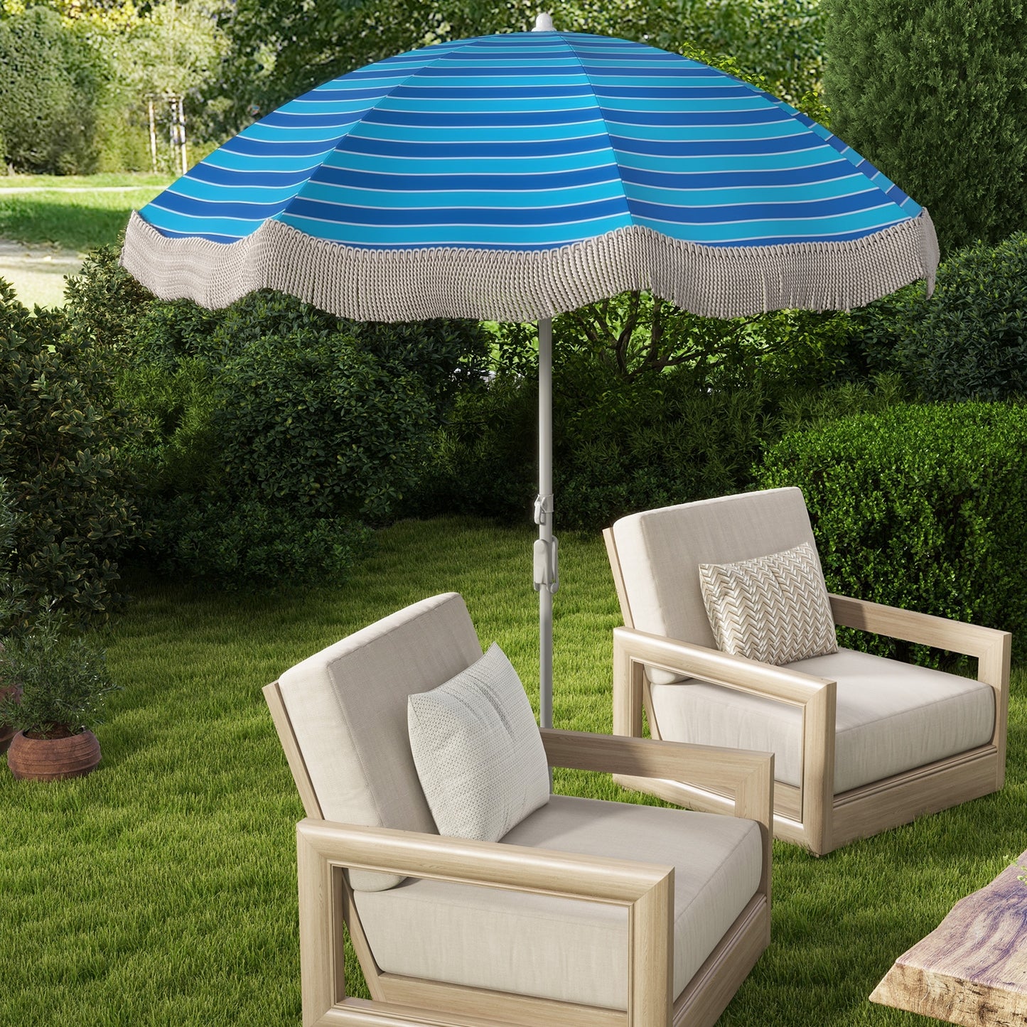 6.5 FT Beach Umbrella with Fringe Outdoor Tassel Umbrella with Push Button Tilt-Navy Kids Crystal