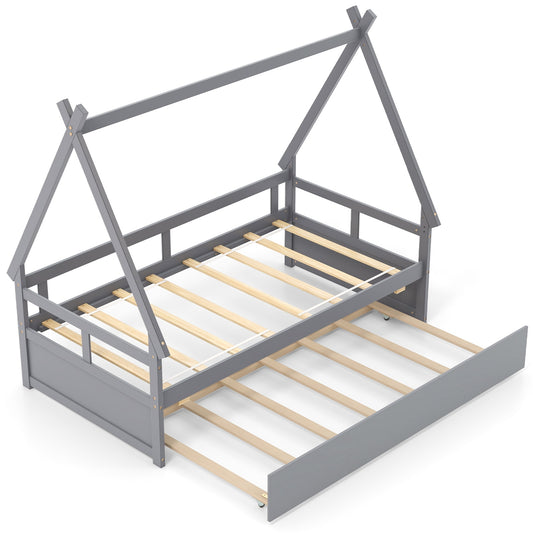 Twin Size House Bed with Trundle and Safety Guardrail-Gray Kids Crystal