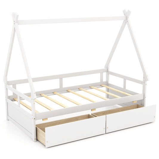 Twin Size House Bed with Roof and Safety Guardrail-White Kids Crystal