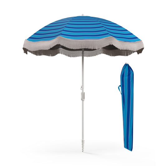 6.5 FT Beach Umbrella with Fringe Outdoor Tassel Umbrella with Push Button Tilt-Navy Kids Crystal