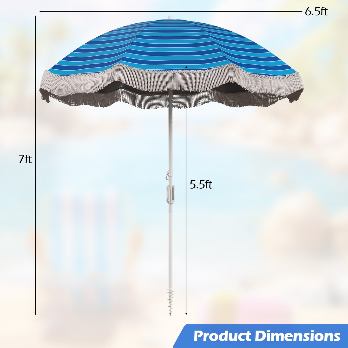 6.5 FT Beach Umbrella with Fringe Outdoor Tassel Umbrella with Push Button Tilt-Navy Kids Crystal