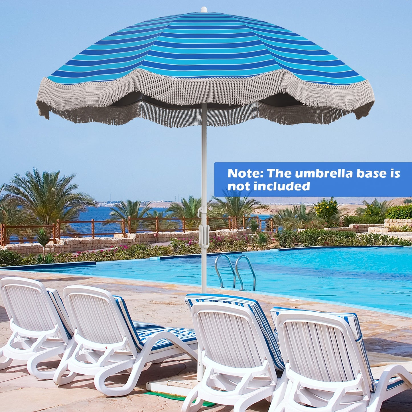6.5 FT Beach Umbrella with Fringe Outdoor Tassel Umbrella with Push Button Tilt-Navy Kids Crystal