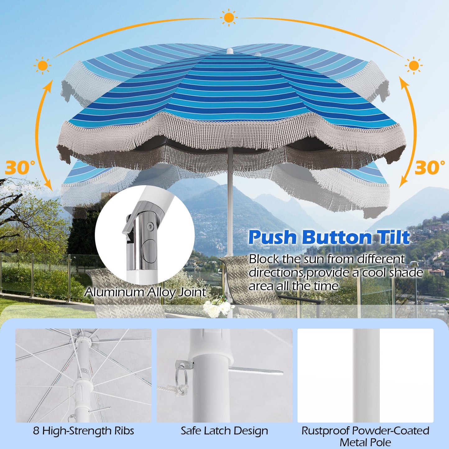 6.5 FT Beach Umbrella with Fringe Outdoor Tassel Umbrella with Push Button Tilt-Navy Kids Crystal